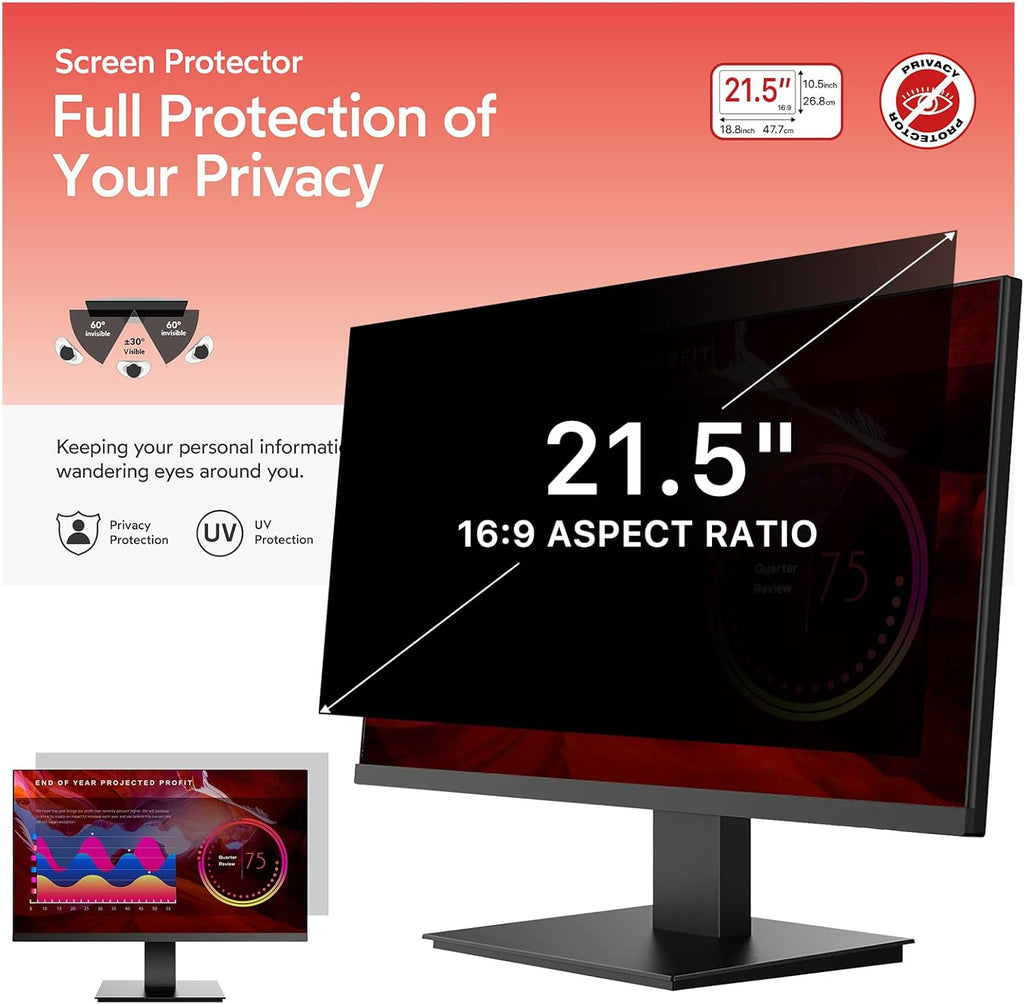 BERSEM 21.5 Inch Monitor Computer Privacy Screen Filter for 16:9 Ratio,Removable Monitor Anti-Glare & Privacy Filters for 21.5 Inch, Anti Blue Light, Anti-Spy, Anti-Scratch, UV-Blocking