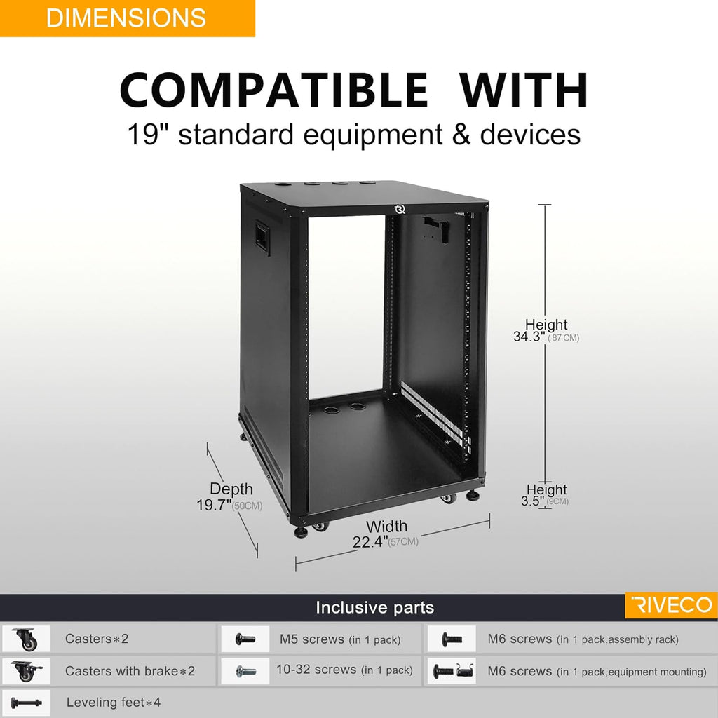 RIVECO POMU 18U Stereo & Server Rack with Caster Wheels, Rolling Network Cabinet, Open Frame for 19 inches Audio Video Music Recording & IT Equipment, Obtuse Angel, Lifting Handle