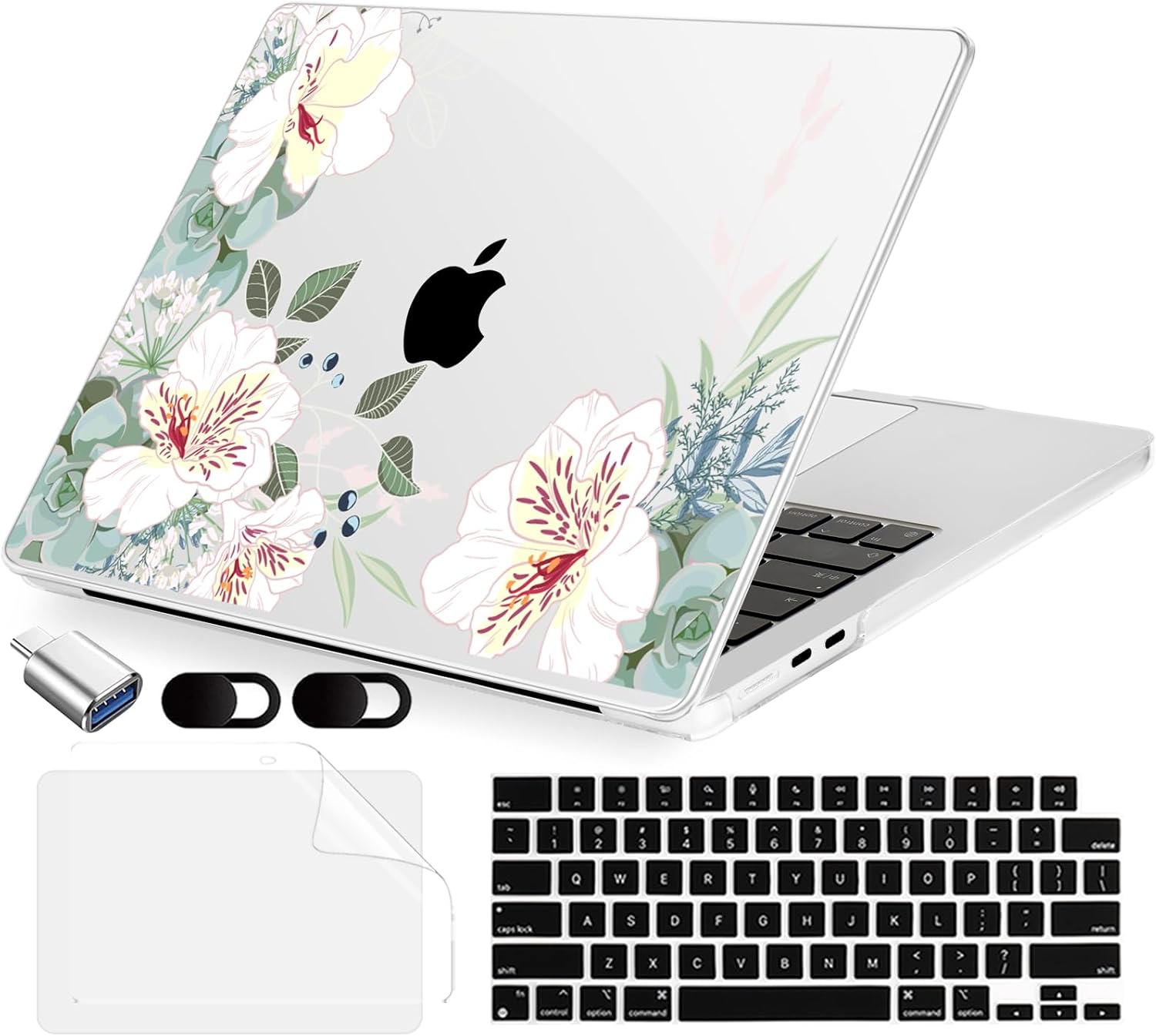 Compatible with MacBook Air 13.6 inch Case, M4 A3240/M3 A3113/M2 A2681 (Released 2025 to 2022), Hard Shell, Keyboard Cover, Screen Protector, Webcam Cover & Type-C Adapter, White Alstroemeria