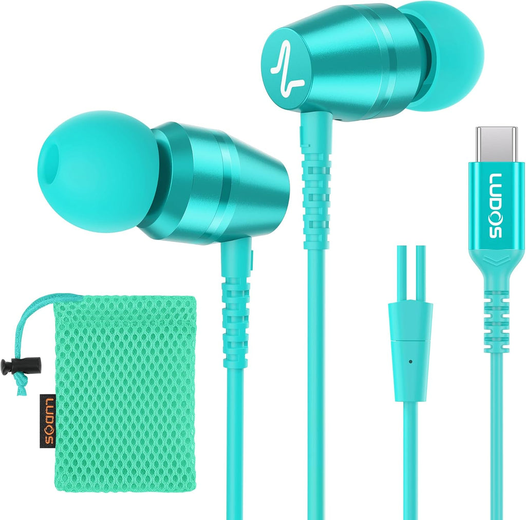 LUDOS OMNITONE USB C Headphones for iPhone 16 15 Pro Max Plus iPad Pro, 5 Years Warranty, USB-C Earbuds for Samsung Galaxy S24 S23 S22 S21 S20 A55 A54 A53, USB Type C Earphones - Turquoise