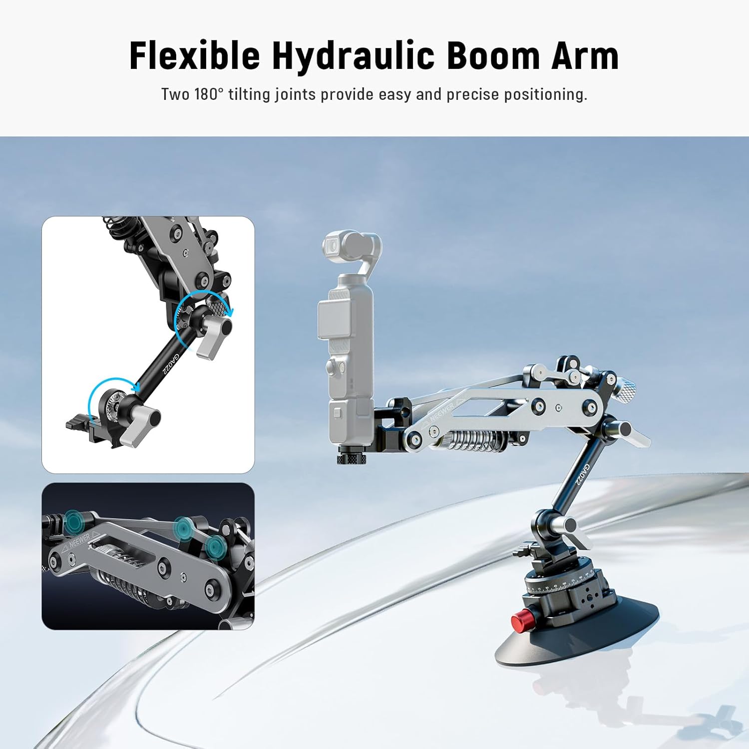 NEEWER Vacuum Suction Cup Car Mount for Action Camera with Hydraulic Boom Arm, NATO Rail, Compatible with DJI Osmo Pocket 3 Insts360 X5 X4 X3 GoPro Hero Adapter Mobile Phone Holder, 500 g Max Load