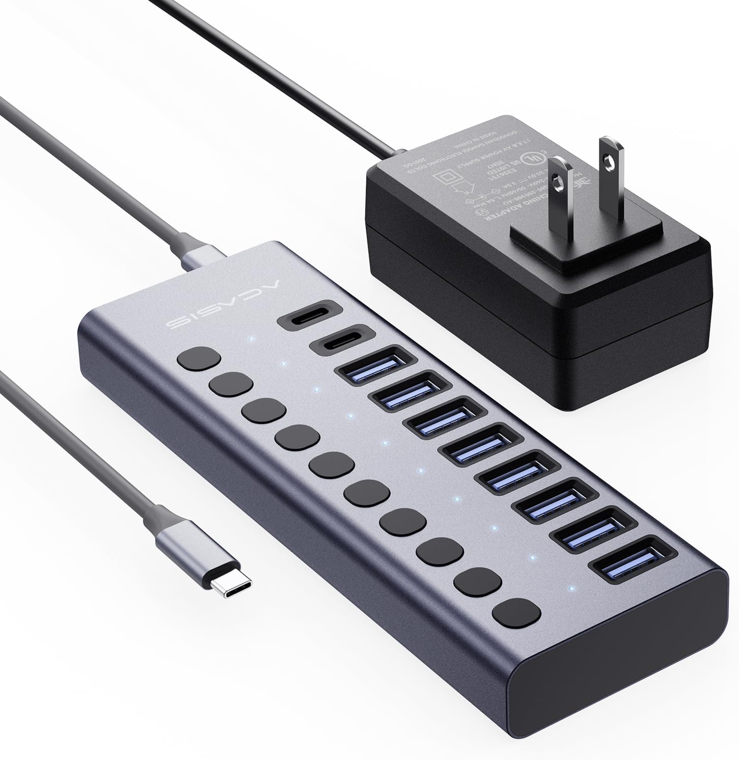 ACASIS 10 Ports 60W USB C 3.2 Hub, 10Gpbs Data Transfer, 20V/3A Power Adapter, Individual On/Off Switches, Aluminum Housing, USB Splitter for PC, Computer, Laptop, Mobile HDD, Flash Drive