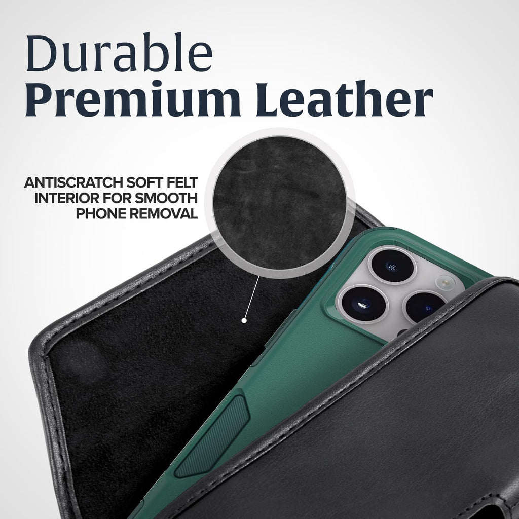 Turtleback Belt Clip for iPhone 16 Pro Max, 15 Pro Max, 14 Pro Max -Medium- Fits w/Shockproof Commuter Style Cases, Premium Black Leather, Horiz. Belt Holder, Magnetic Closure HD Rotating Clip