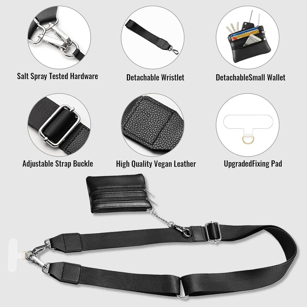 Clip and Go Strap for Phone with Wallet Crossbody Phone Strap Lanyard for Women with Pouch Cell Phone Stand Holder 2 Patches Tether Adjustable Anti Theft Cellphone Chain for iPhone All Phones Black