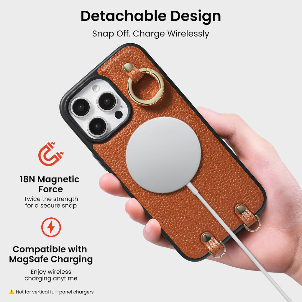 ORNARTO Magnetic Detachable Wallet Case for iPhone 16 Pro, [Compatible with MagSafe], Crossbody Wallet Case with Card Holder Wrist Strap, RFID Blocking PU Leather Wallet Phone Cover 6.3", Brown