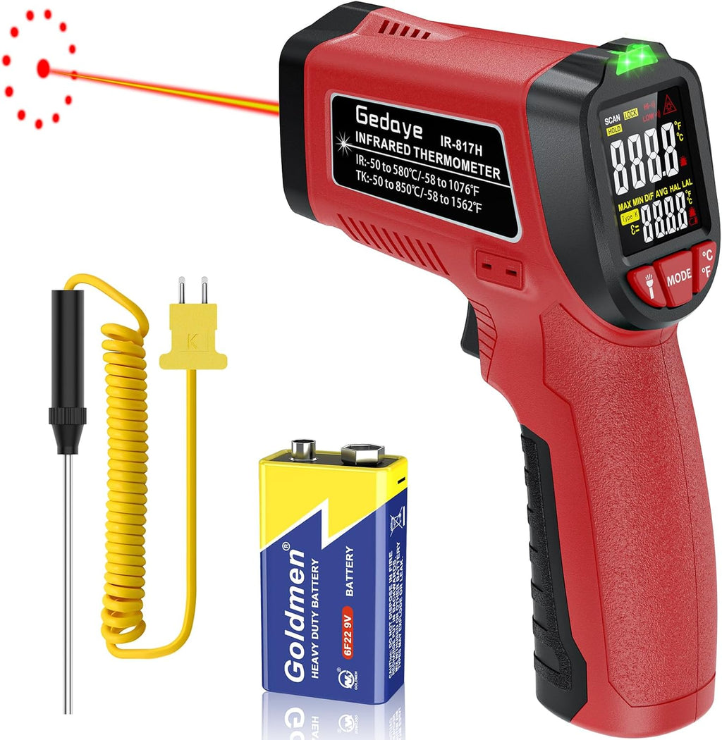 Infrared Thermometer Gun, Gedaye Laser Temperature with IR Pointer 13:1, Meat Temp Gun with Metal Probe, Adjustable Emissivity, -58℉ to 1076℉, Heat Thermometer for Cooking Pizza Oven Grill Fridge BBQ