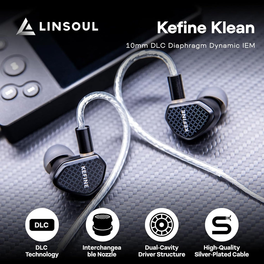 Linsoul Kefine Klean in Ear Monitor,10mm DLC Diaphragm Dynamic Driver HiFi Earphones,Wired Gaming Earbuds,Replaceable Nozzles,Detachable Silver-Plated Cable for Audiophile (No Mic 3.5mm, Black)