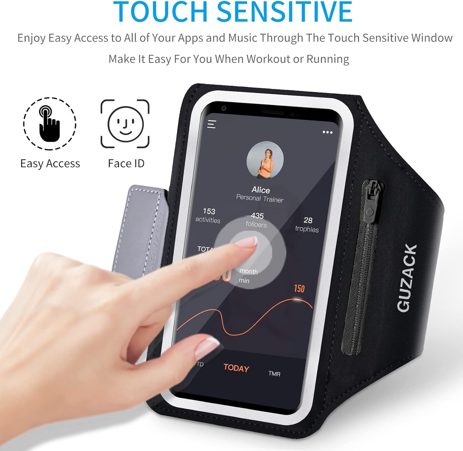 GUZACK Phone Holder for Running with Zipper Pouch, Running Armband for iPhone 16 Pro/15/14/13/12/11 Pro Max/Plus/XR/XS, Galaxy S25/S24/S23/S22, Cell Phone Arm Holder with Key Pocket & Card Slot