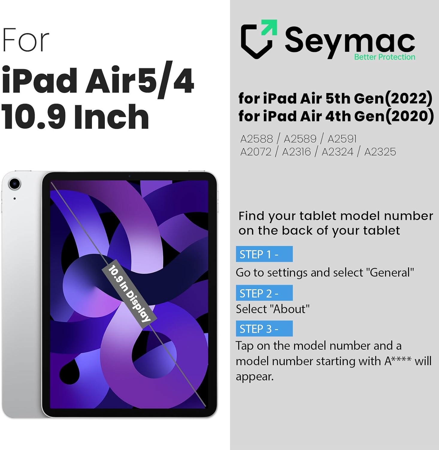 SEYMAC for iPad Air 5th/ 4th Generation Case 10.9 Inch, Full-Body Shockproof Protective Case with Screen Protector, Rotating Stand/Handle/Shoulder Strap/Pencil Holder for iPad Air 5/ Air 4, Black