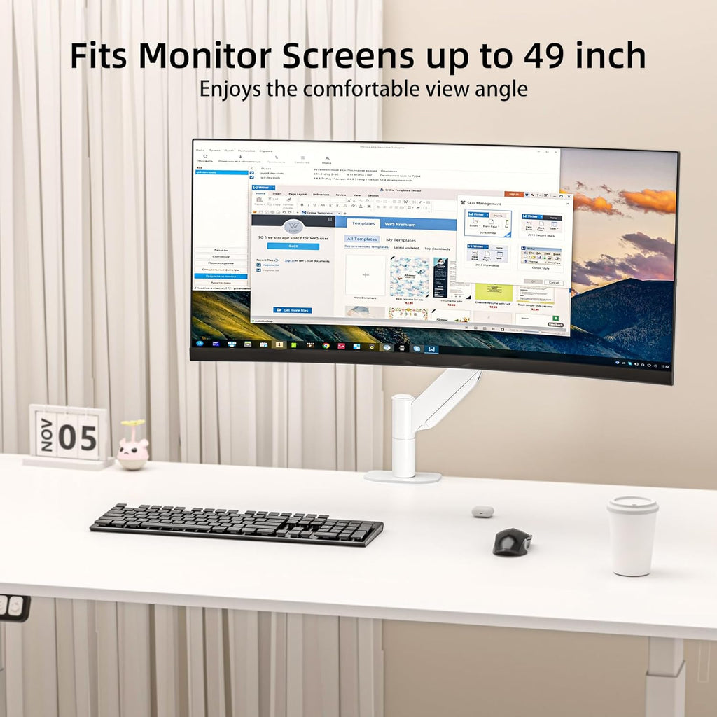 Suptek Ultrawide Monitor Arm Mount for 17 to 49 Inch Heavy Duty Curved Screen,Holds 46.2 lbs,Adjustable Gas Spring Monitor Arm Desk Mount Stand,75/100 Vesa Mount,White(MD71LW)