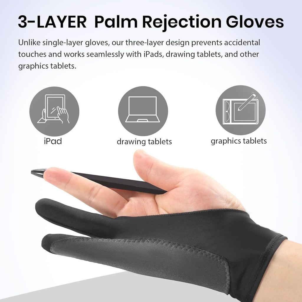 Digital Drawing Glove: 3-Layer Palm Rejection, Two-Finger Artist Glove for Drawing Tablet, iPad, Paper Sketching, Fits Left and Right Hand, Includes Cleaning Cloth (2-Pack, Medium, Black)