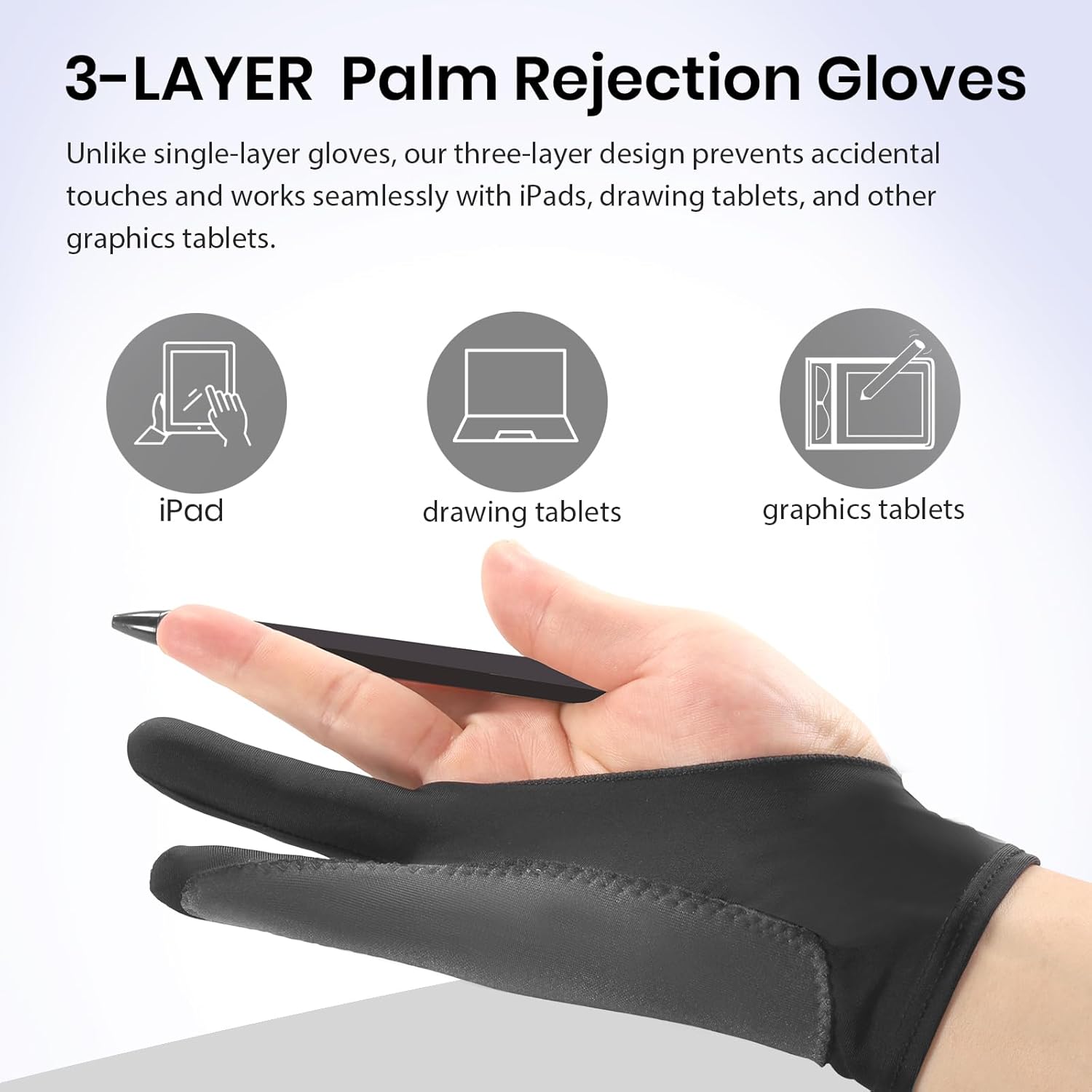 Digital Drawing Glove: 3-Layer Palm Rejection, Two-Finger Artist Glove for Drawing Tablet, iPad, Paper Sketching, Fits Left and Right Hand, Includes Cleaning Cloth (2-Pack, Medium, Black)