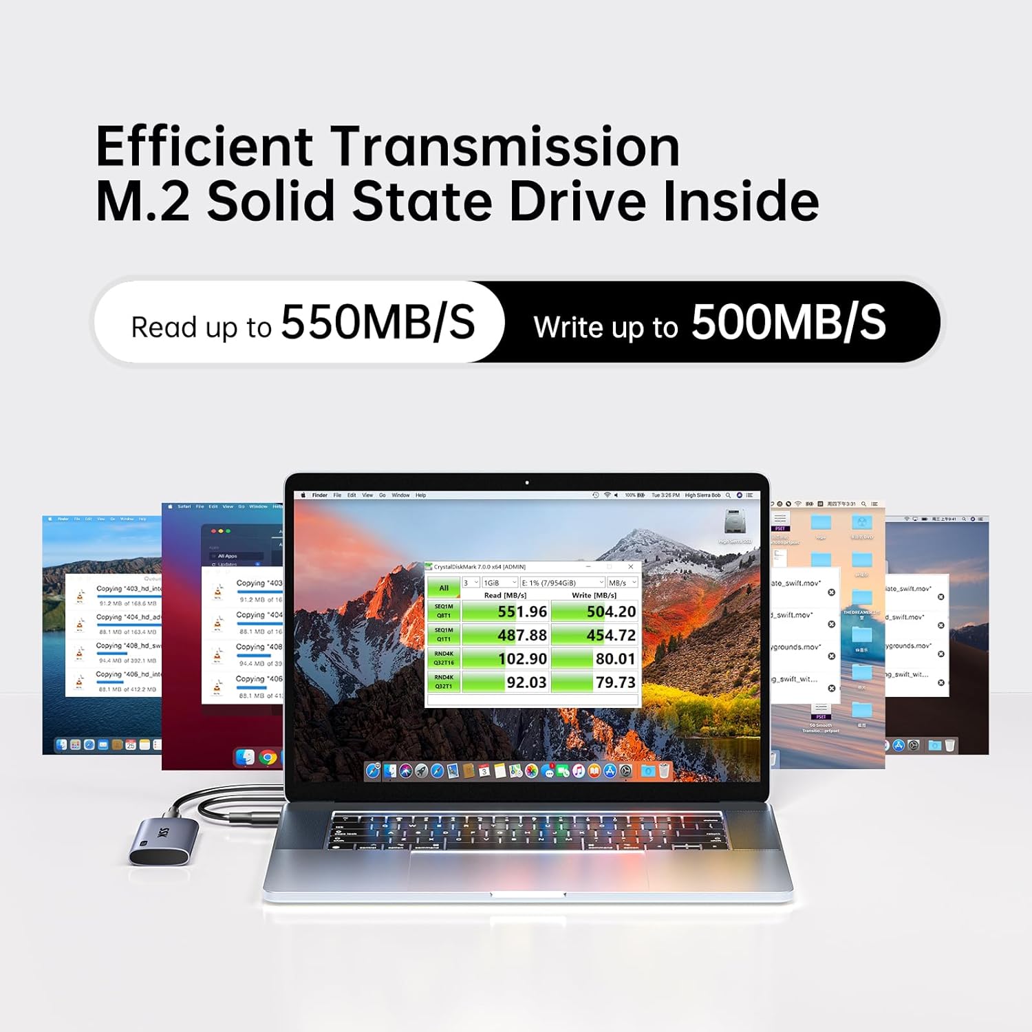 SSK 512GB SSD External Hard Drive, Portable SSD Up to 550MB/s Fast Solid State Drives External, USB 3.2 Gen2 for iPhone 15/16 Pro, Win, Mac, Android with LED Light, Trim, Smart Supported
