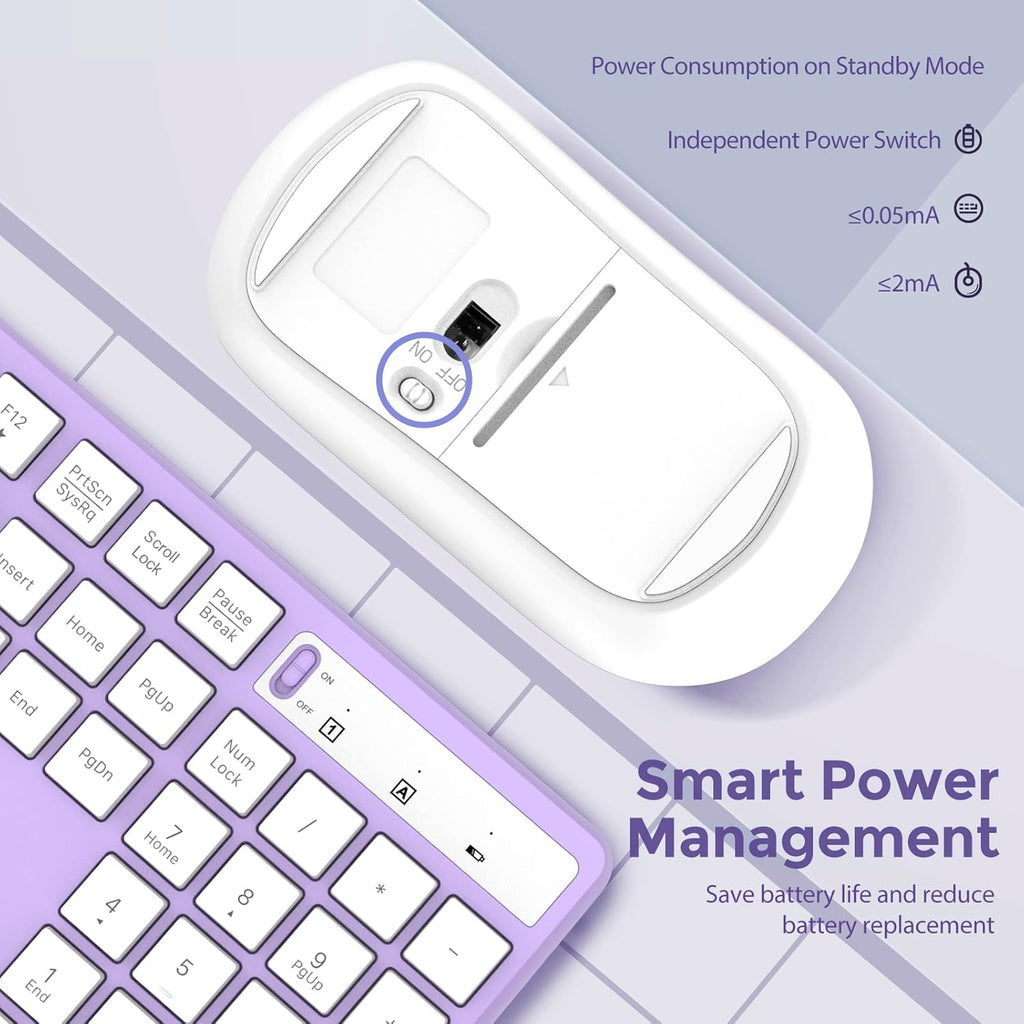 Wireless Keyboard and Mouse Combo, Lovaky 2.4G Full-Sized Ergonomic Keyboard Mouse, 3 DPI Adjustable Cordless USB Keyboard and Mouse, Quiet Click for Computer/Laptop/Windows/Mac (1 Pack, Purple)