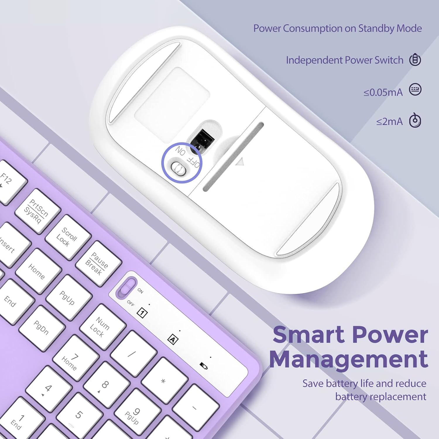 Wireless Keyboard and Mouse Combo, Lovaky 2.4G Full-Sized Ergonomic Keyboard Mouse, 3 DPI Adjustable Cordless USB Keyboard and Mouse, Quiet Click for Computer/Laptop/Windows/Mac (1 Pack, Purple)