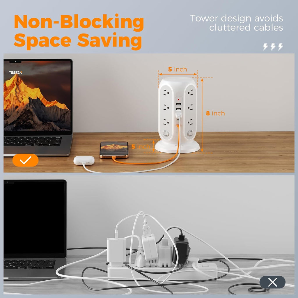 TESSAN Tower Power Strip with Individual Switches, Surge Protector with 12 Outlets, 5 USB Ports(2 USB C), Flat Extension Cord 10 Ft, Flat Plug, Charging Station for Multiple Devices, for Office, Dorm