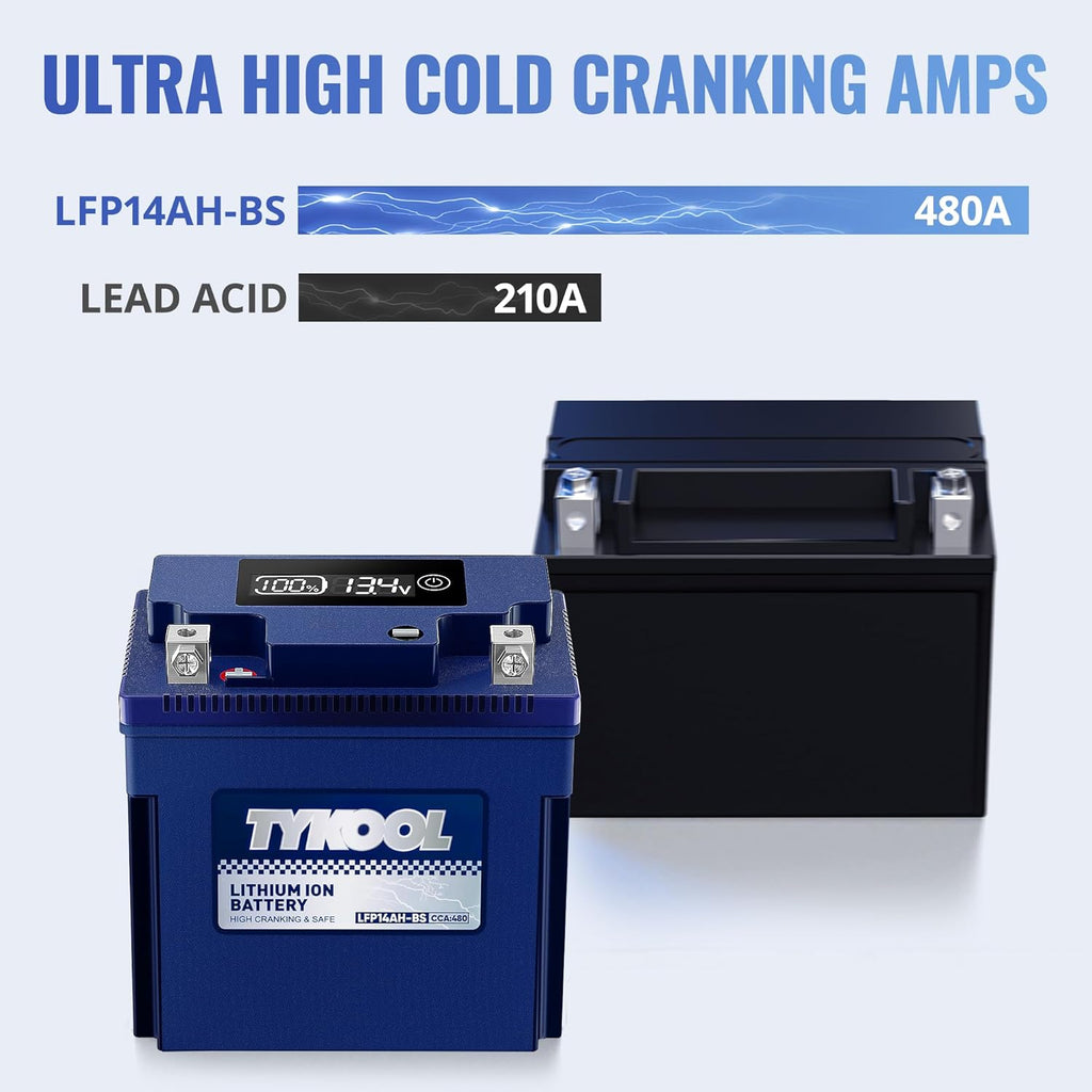 TYKOOL YTX14AH-BS High Performance LiFePO4 Lithium ATV Battery,12V 8Ah,480CCA,5X Longer Life,Digital Readout,Fits for Polaris Sportsman 500 ATV,UTV,Motorcycle, Snow mobile,Polarity:[+ -]