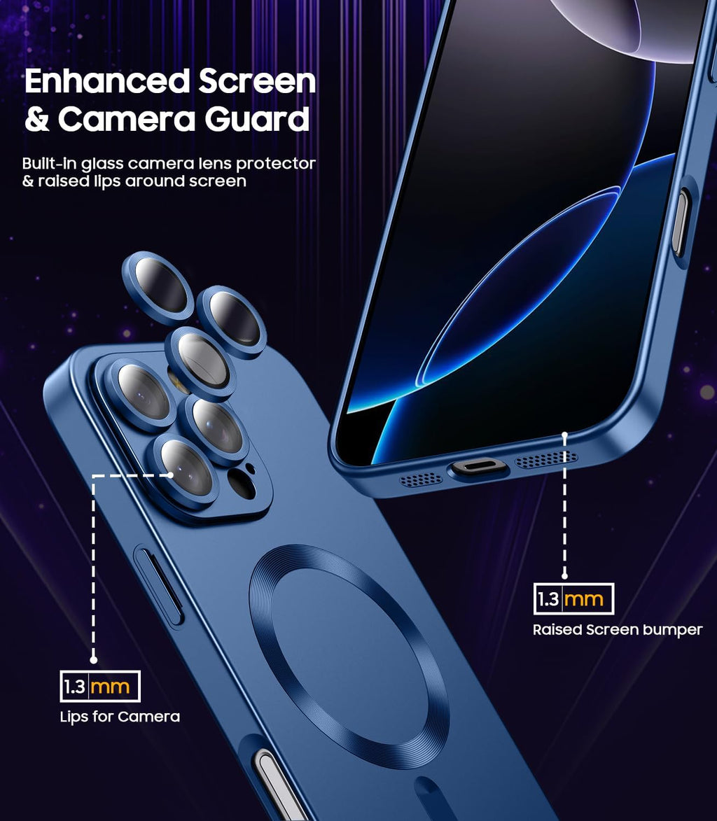 Magnetic for iPhone 16 Pro Case [Compatible with MagSafe][Built-in Camera Lens Protector] Slim Soft Silicone Bumper Shockproof Metallic Luster Phone Case (Blue)