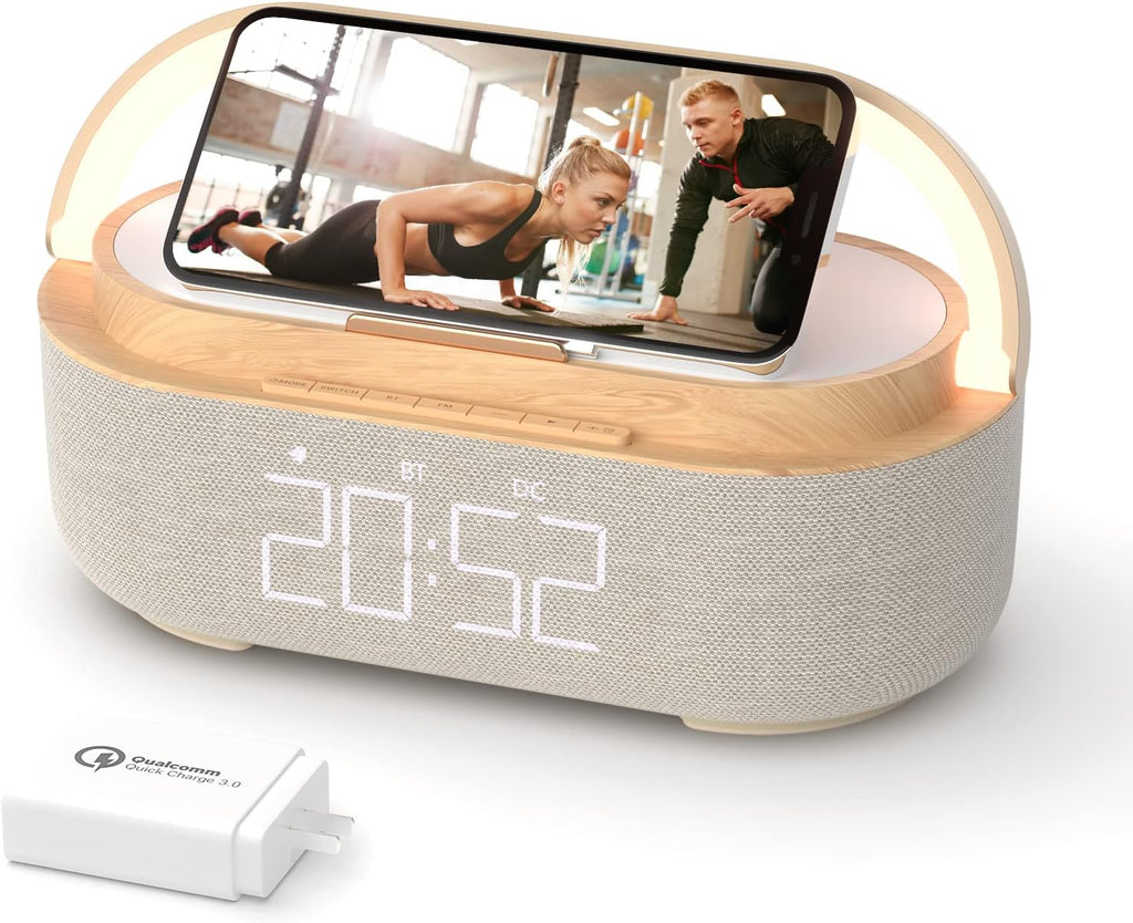Bluetooth Speaker Alarm Clock with Wireless Charger, FM Radio, Adjustable LED Night Light, 6 in 1 Bedroom Portable Speaker 2500mAh, Phone Stand for Bedside, Home, Office, Gift