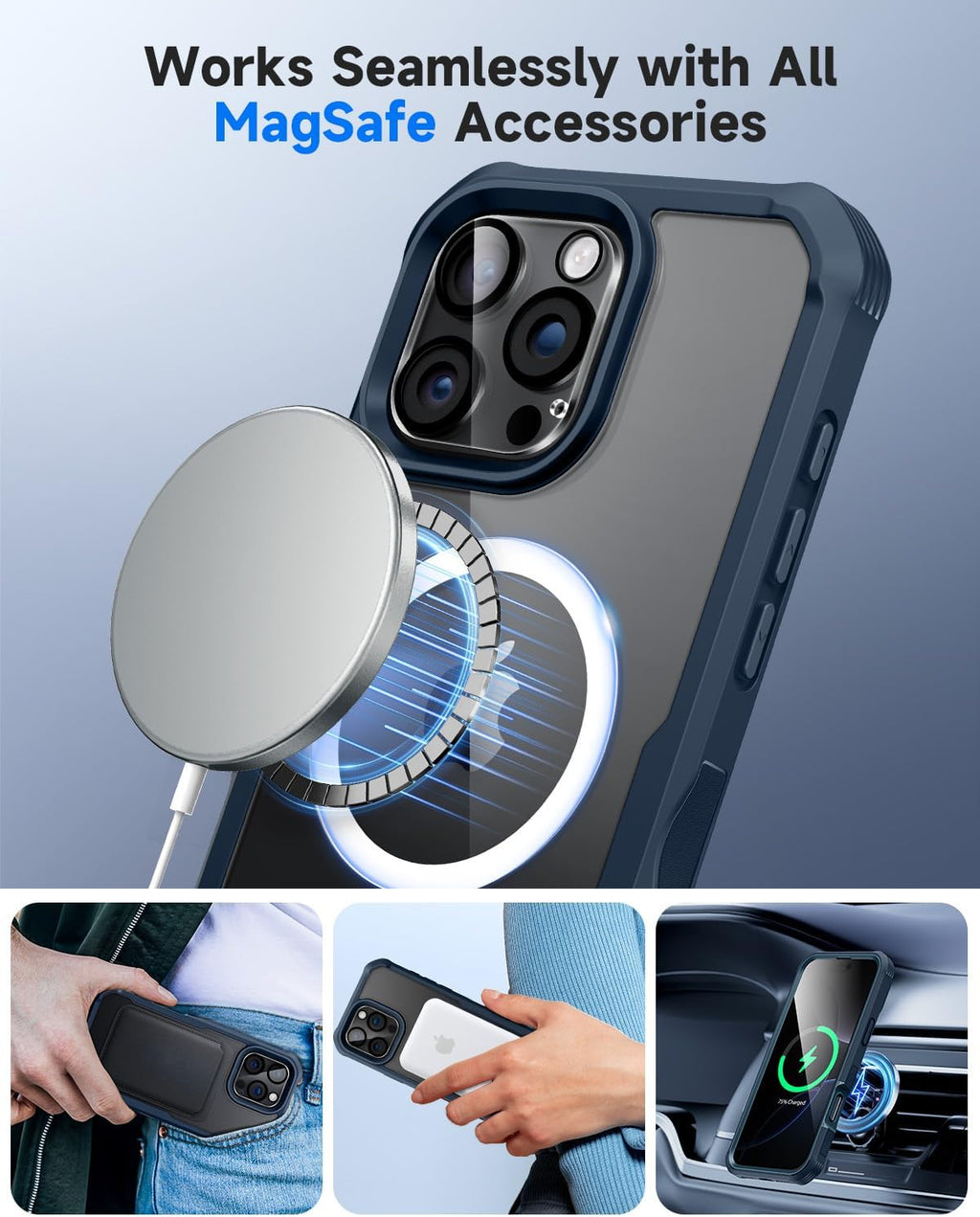 seacosmo for iPhone 16 Pro Case, Full Body Bumper with Built-in 9H Tempered Glass Privacy Screen Protector and Camera Lens Protector, Compatible with MagSafe, Shockproof Phone Cover, 6.3", Blue