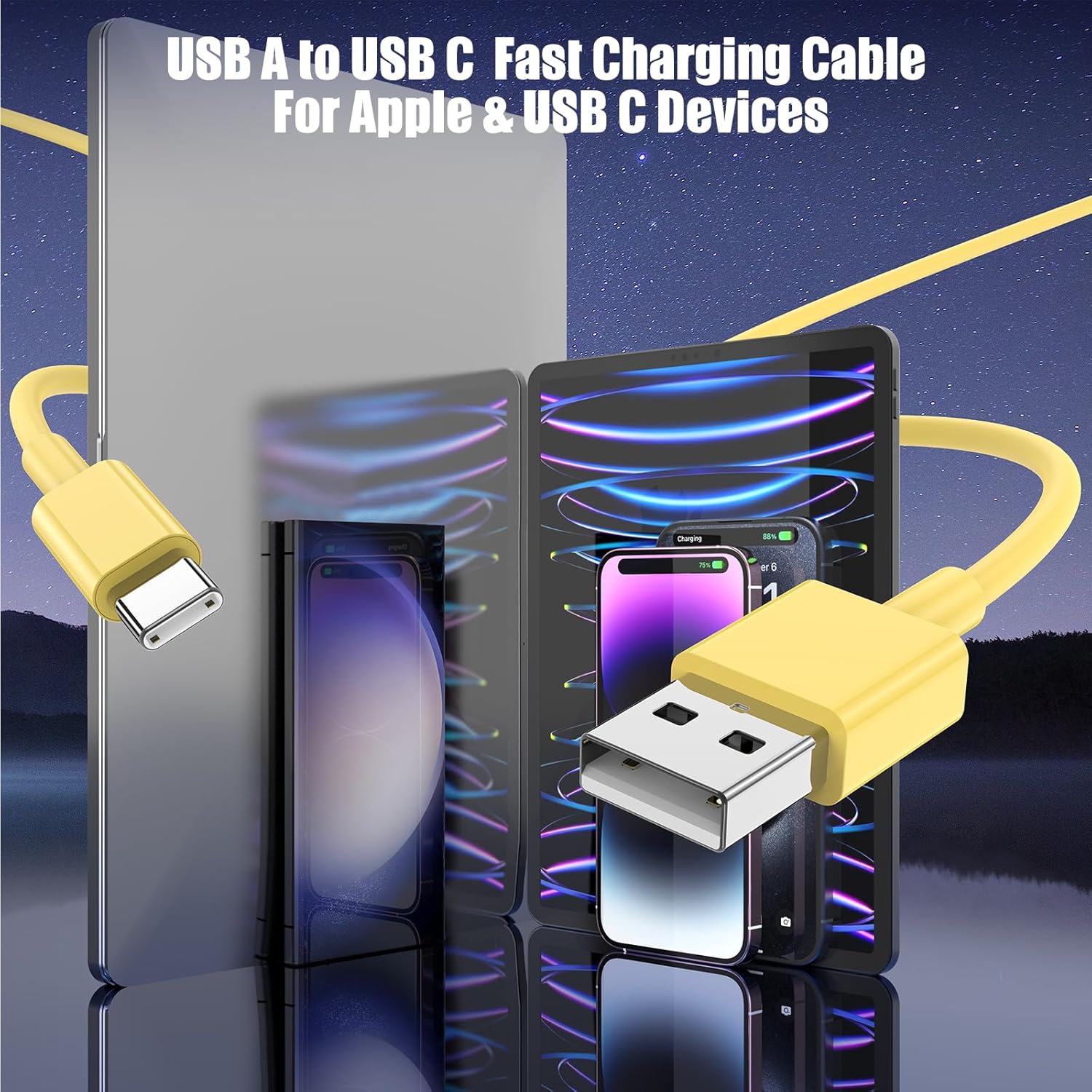 3-Pack Yellow [3.3FT+3.3FT+6FT] USB A to USB C Cable，USB to USB C Car Carplay Cable for iPhone 16 15 Pro Plus Pro Max，for iPad Pro/Air/Mini，for Samsung S24/S23/S22/S21，for MacBook Pro/Air and More