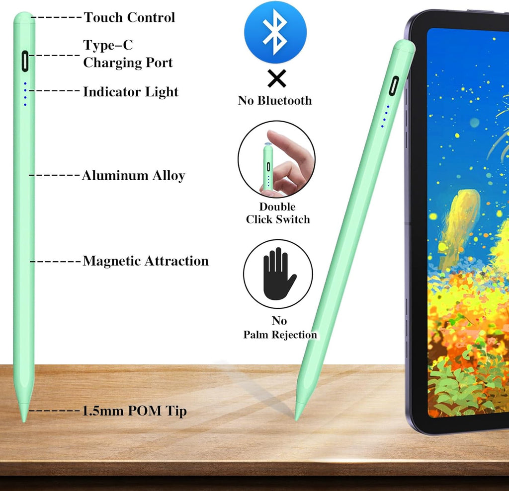 Active Stylus Pens for Touch Screens Magnetic Type-C Charging Tablet Pen with 4 POM Tips iPad Pencil Stylus Pen for iPad/Pro/Air/Mini/iPhone/Samsung/Android and Other Smartphone Device-Green