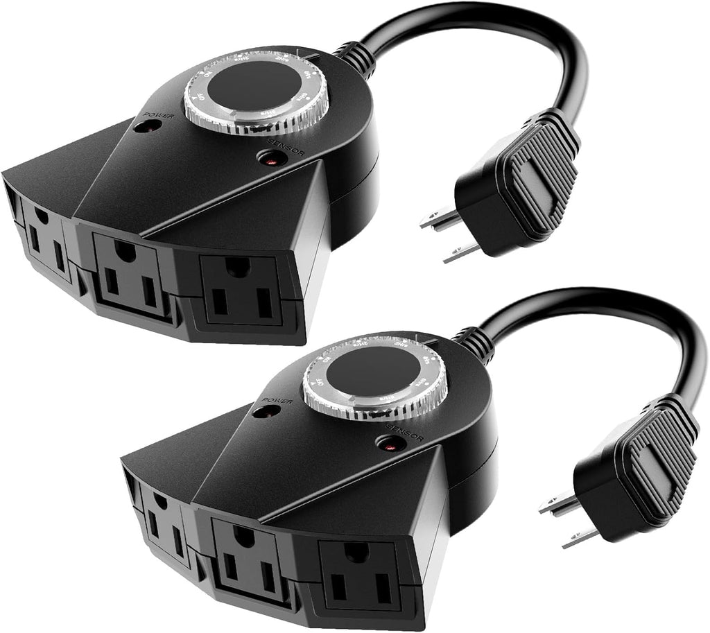 Outdoor Light Sensor Timer, 24 Hours Heavy Duty Waterproof Outlet Timer with 2, 4, 6 or 8 Hours Countdown Mode, 3 Grounded Electrical Outlet for Home Backyard Garden (2 Pack)