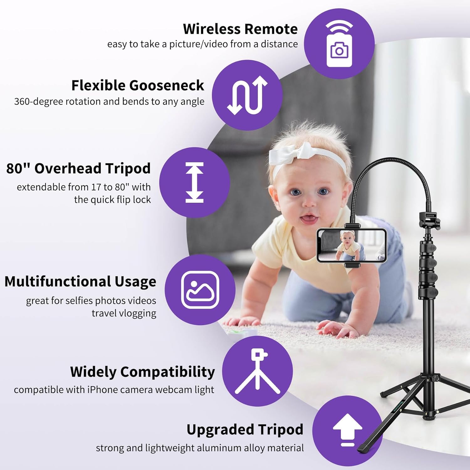 80" Phone Tripod, Selfie Stick Cellphone Tripod, Aluminum Tripods Stand for Video Photo Vlog, Travel Tripods with Gooseneck Remote Phone Holder, Compatible with iPhone Android Smartphone