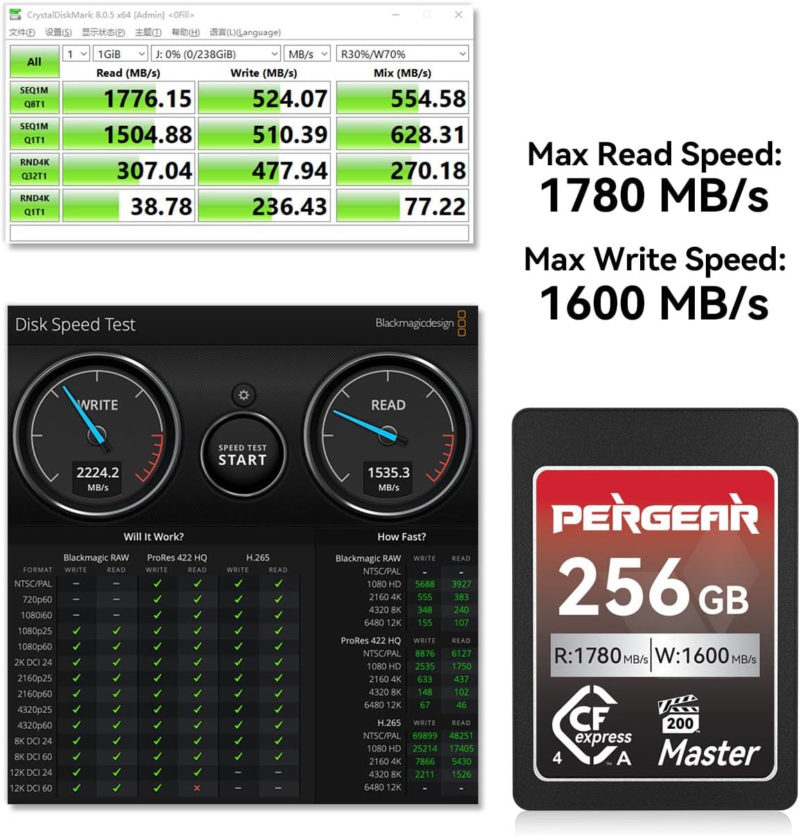 Pergear 256GB CFexpress 4.0 Type A Memory Card VPG200, Up to 1780MB/s Read Speed & 1600MB/s Write Speed for 4K 120P, 8K 30P Video Recording(Master Series), Compatible for Sony Alpha & FX Cameras