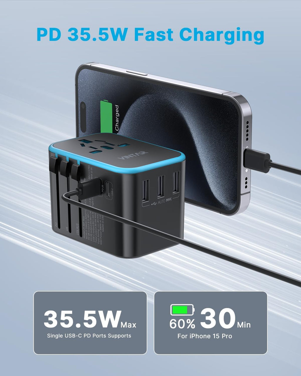 Universal Travel Adapter, VINTAR 35.5W International Power Adapter with 3 USB A QC and 2 USB C PD, All in One Plug Adapter Worldwide Travel Essentials for EU/UK/USA/AUS(Type C/G/A/I), Blue