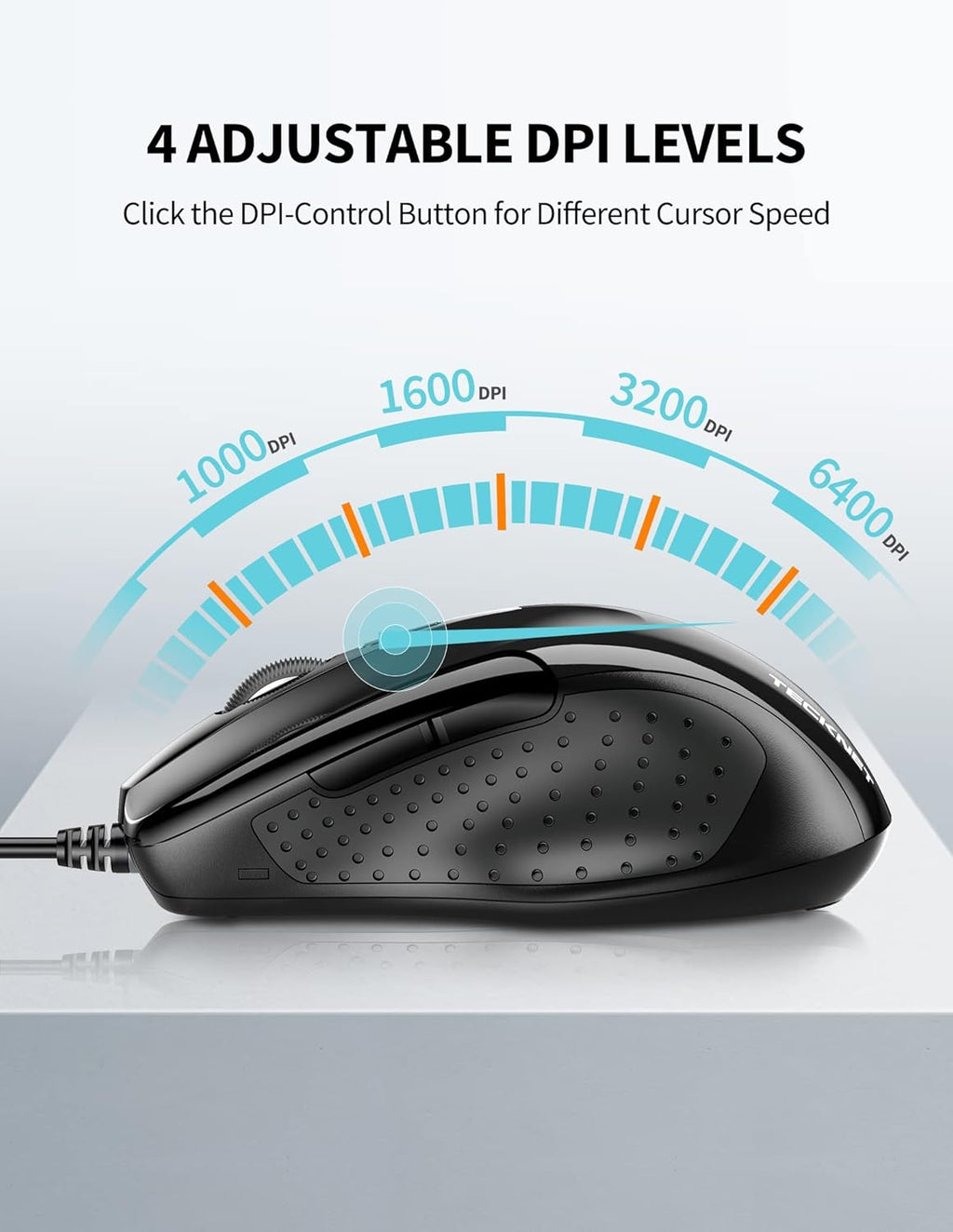 TECKNET USB Wired Mouse, 6-Button Corded Mouse with 4 Adjustable DPI, Optical Computer Mouse with Ergonomic Design and 5FT Cord for Laptop, Chromebook, PC, Desktop, Mac, Notebook-Black