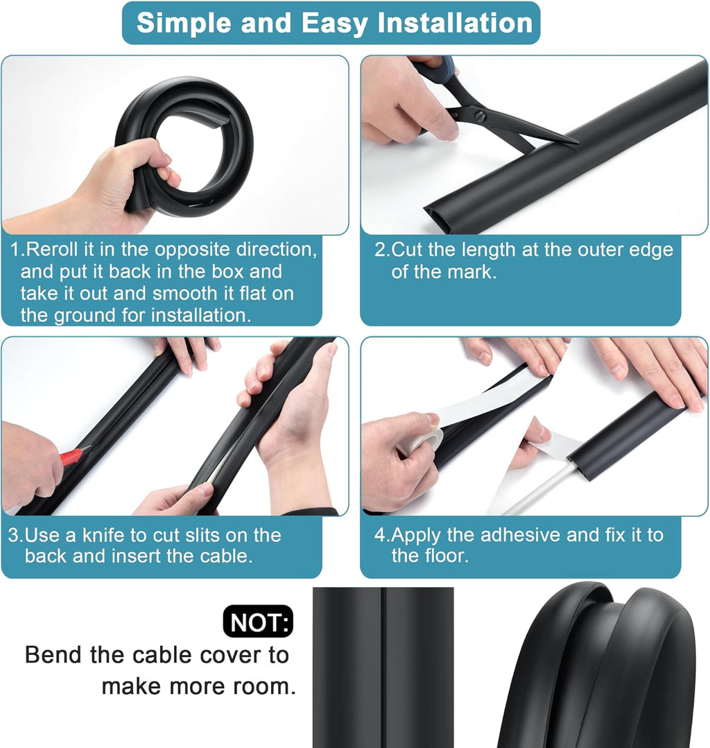 Cord Hider Floor - 3FT White Cord Cover, Soft PVC Wire Covers - Hides Cords - 0.7" W x 0.4" H