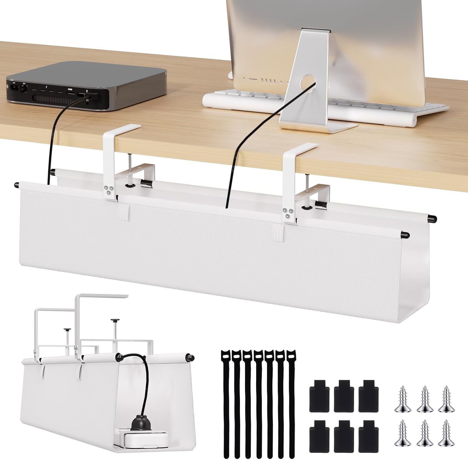 Under Desk Cable Management Tray - 28" Cord Organizer for Desk No Drill, Fabric Under Table Wire Organizer with 16X Cable Ties Hide for Office/Home, Cord Hider Fits Adapters & Sockets, White