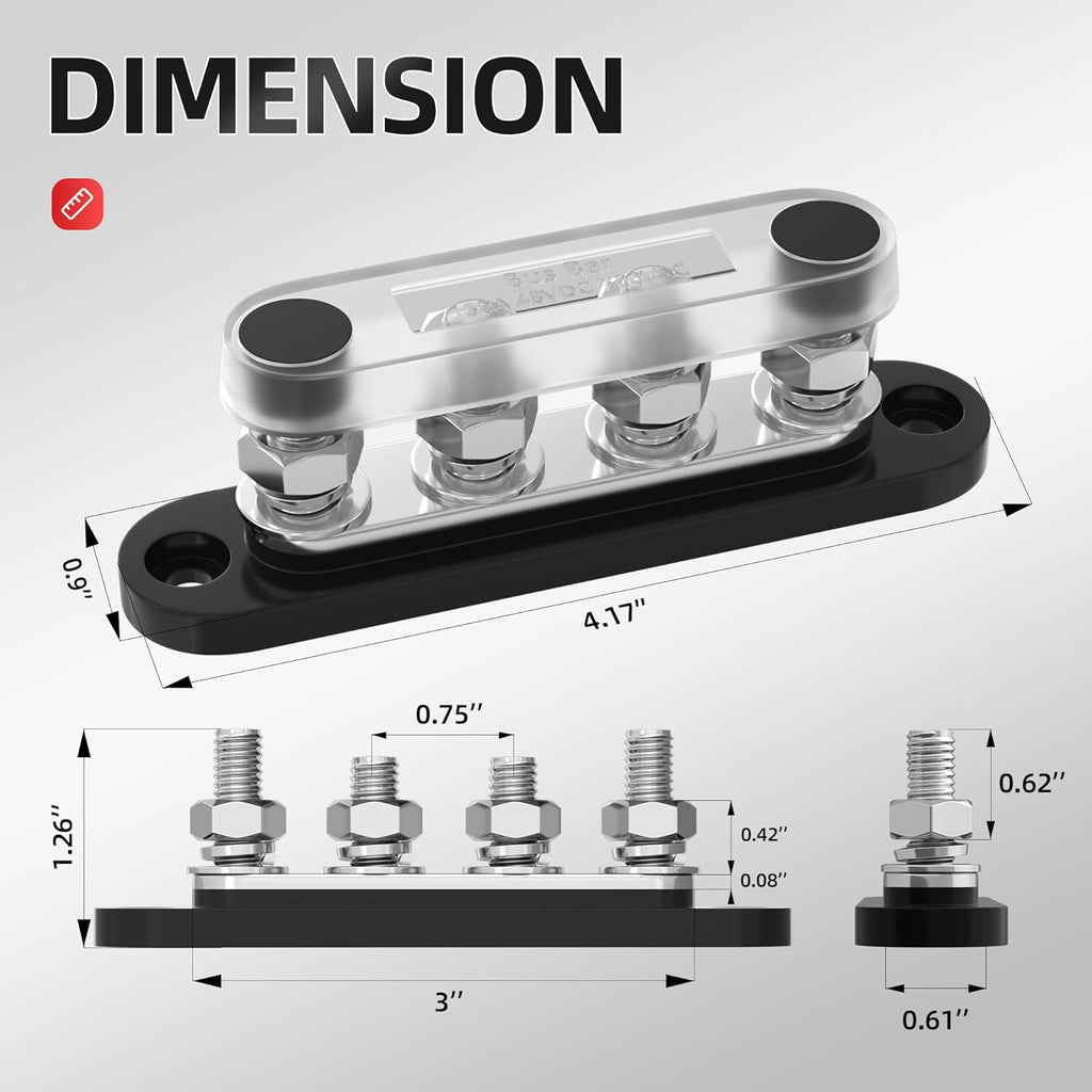 DAIERTEK Bus Bar 12V 150A Mini Power Distribution Block Max 48V DC/300V AC with Cover 4 x 5/16" Posts for Marine Automotive Solar Systems -Negative+Positive