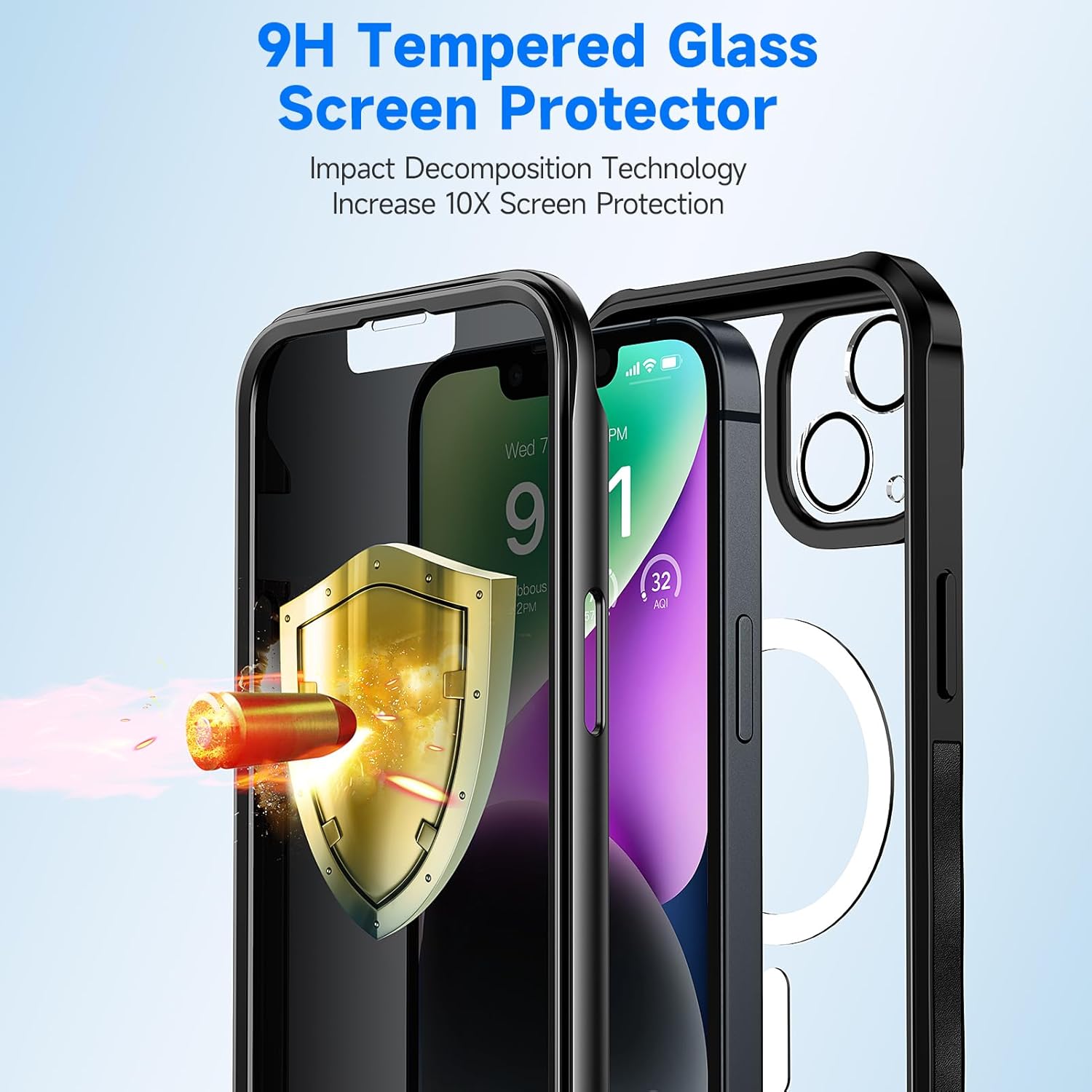 seacosmo for iPhone 14 Plus Case, Full Body Bumper with Built-in 9H Tempered Glass Privacy Screen Protector and Camera Lens Protector, Compatible with MagSafe, Shockproof Phone Cover, 6.7", Black