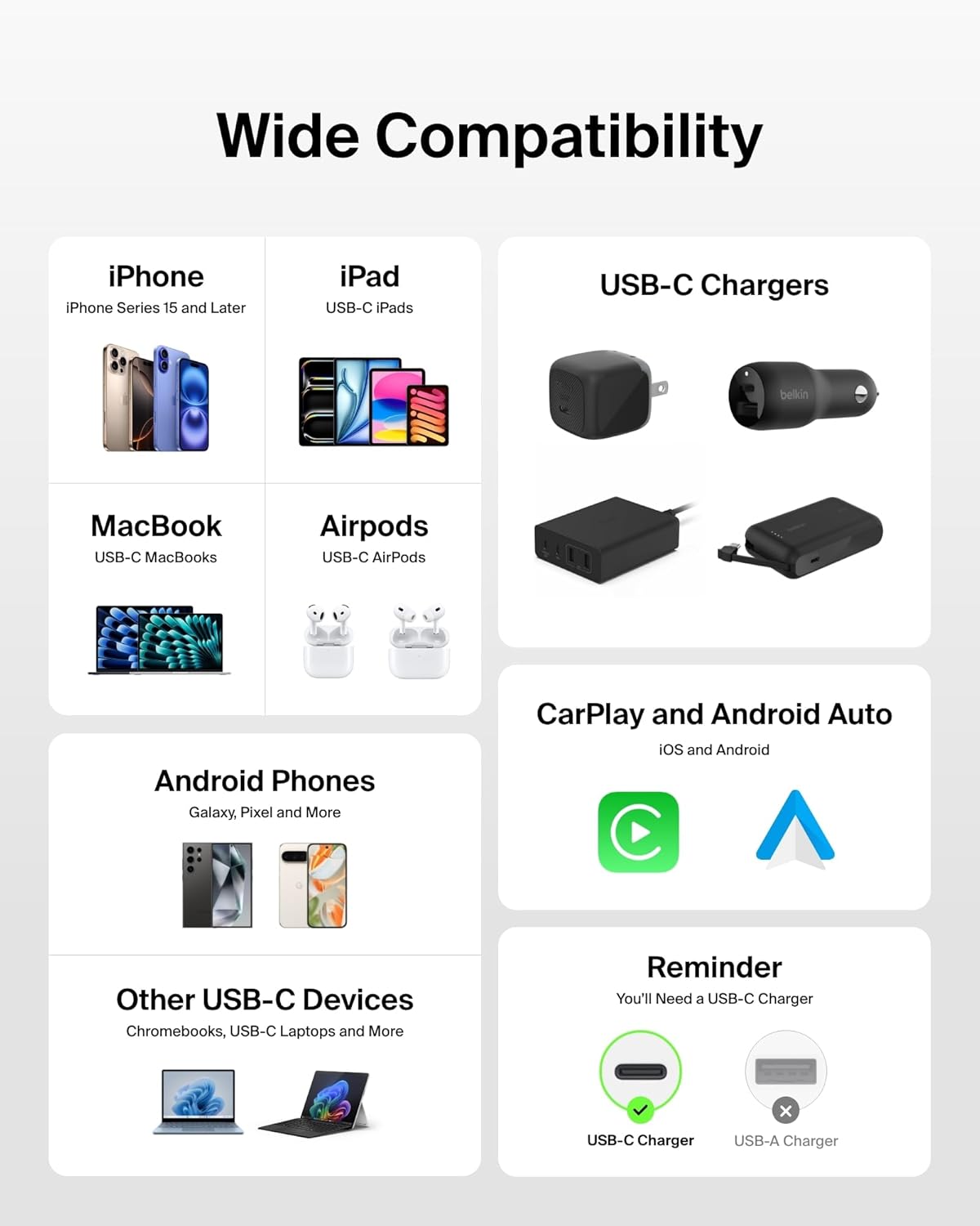 Belkin USB C to USB C Cable, 6.6ft, 60W - Type C Charger, iPhone Charger Cord, Soft, Braided, Flexible for iPhone 16, Galaxy S25, Pixel 9, Airpods, iPad Pro, Tablet & More, Travel Essentials - White