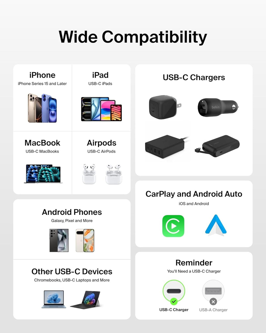 Belkin USB C to USB C Cable 2-Pack, 6.6ft, 60W - Type C Charger, iPhone Charger Cord, Soft, Braided, Flexible for iPhone 16, Galaxy S25, Pixel 9, Airpods, iPad Pro & More, Travel Essentials - White