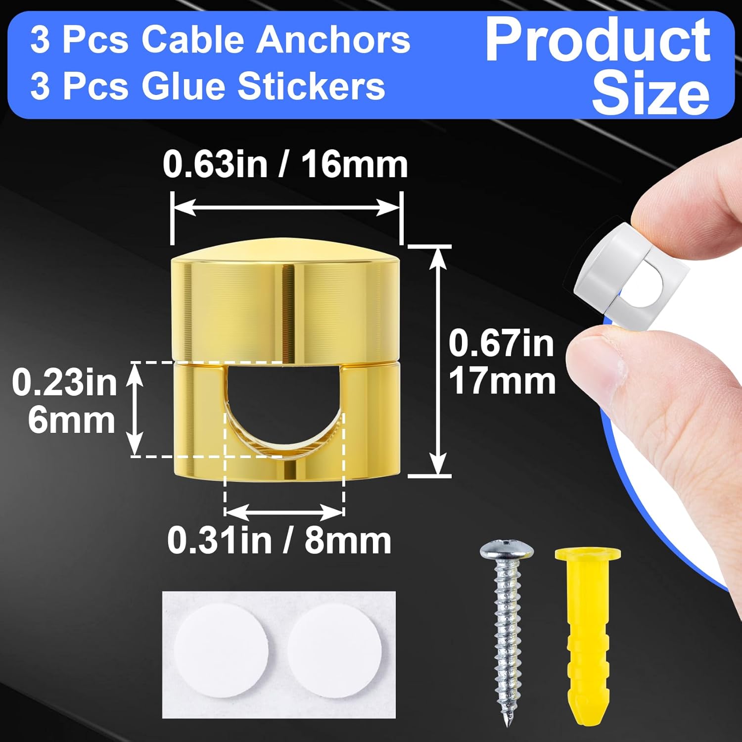3 Sets Charger Holders for Cords, Adjustable Cable Anchor Holders, Adhesive Metal Cord Clips, Cable Management Wire Organizers for Desk, Office, Nightstand - Gold, White, Silver