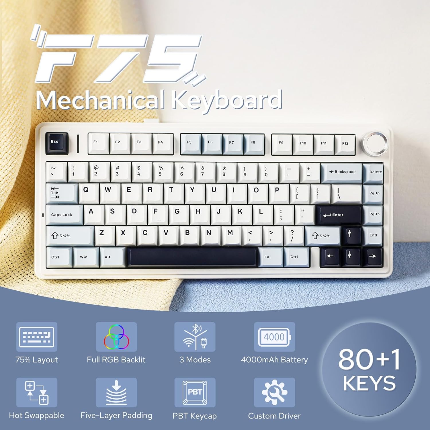 EPOMAKER x Aula F75 Gasket Mechanical Keyboard, 75% Wireless Hot Swappable Gaming Keyboard with Five-Layer Padding&Knob, Bluetooth/2.4GHz/USB-C, RGB (Light Blue, Crescent Switch)