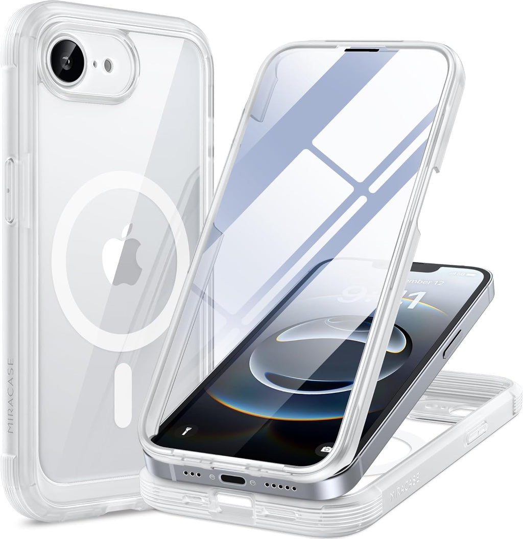 Miracase Magnetic for iPhone 16e Case Full-Body Phone with Built-in Glass Screen Protector, [Compatible with MagSafe] Military Drop Proof 16E Cover Bumper 6.1 inch, Matte Clear