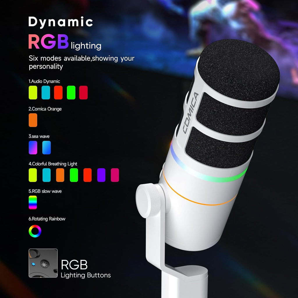 EJoy D10 PRO(A) USB Wireless Gaming Microphone – Boom Arm Mic with Wired/Wireless Modes, XLR/USB-C, Real-Time Monitoring, 45H Battery, RGB Dynamic Mic for Gaming, Streaming, Podcast, Recording (White)