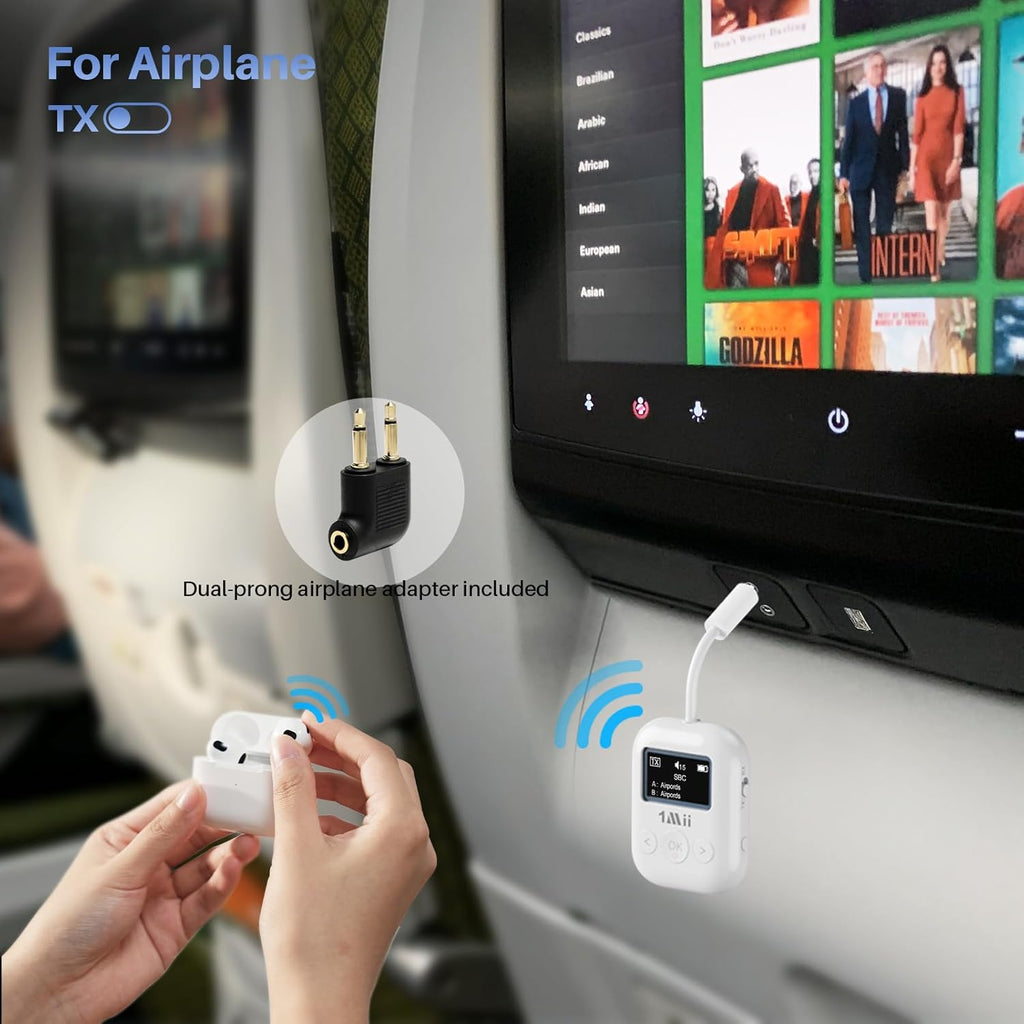1Mii SafeFly Min+ Bluetooth Transmitter and Receiver,Bluetooth Adapter for Airplane, Supports to 2 AirPods/Headphones,Use with Any 3.5mm Jack on Airplanes, Gym, TVs, Car, Home, Boat(White)