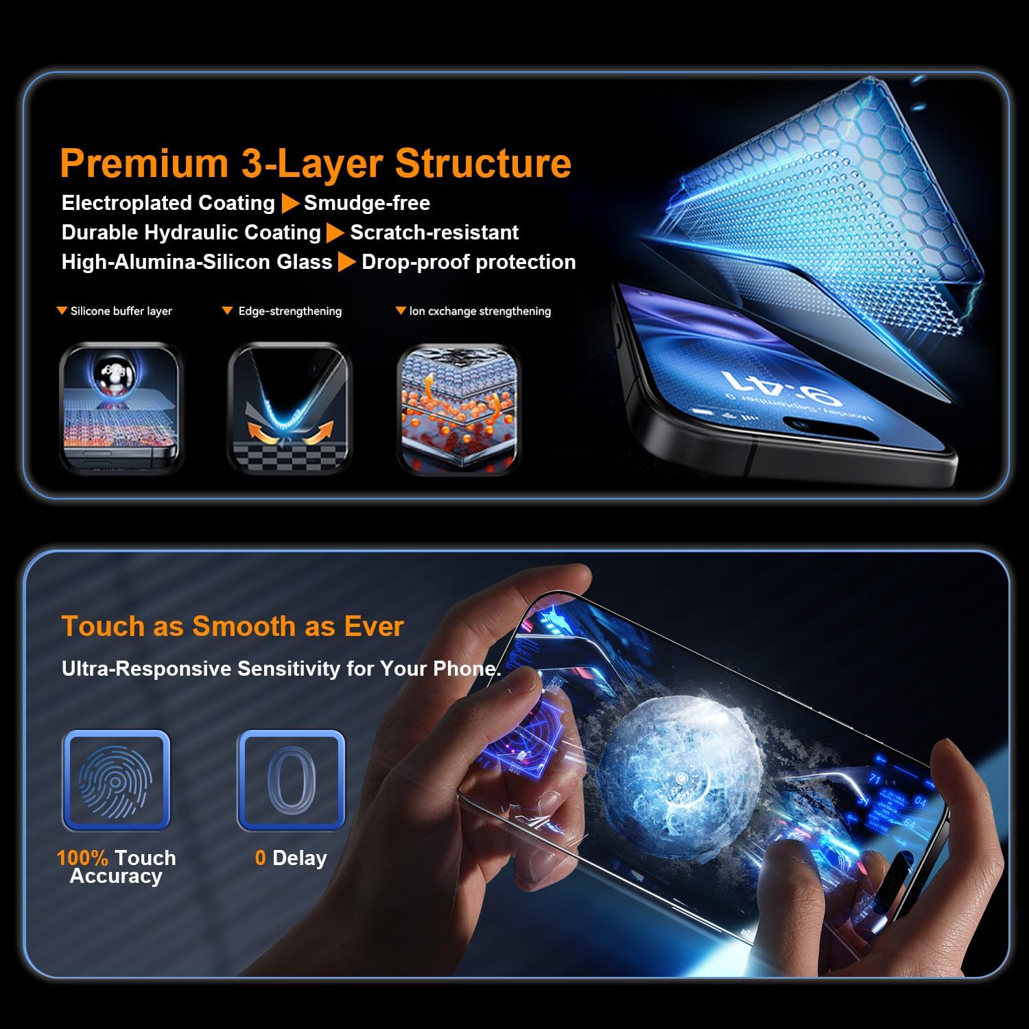 OneFish Tempered Glass Screen Protector for iphone 11/Xr, 9H Hardness Glass Scratch Resistant,HD Clarity Tempered Glass Film with Installation Frame,Shatterproof Bubble Free, Easy Installation,2Pack.