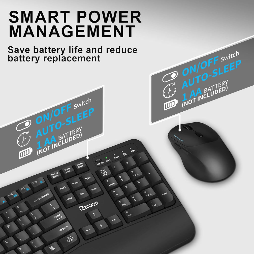 Wireless Keyboard and Mouse Combo, Full Size Wave Keys Ergonomic 2.4G Keyboard with Wrist Rest for Natural Typing, 3 DPI Adjustable Ergonomic Silent Mouse for Computer/Laptop/Windows/Mac (Black)