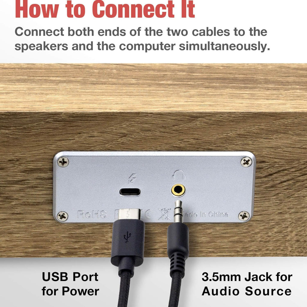 MICA Computer Speakers, Wired Computer Sound Bar, Wooden Mini Soundbar, USB Powered PC Speakers 3.5mm AUX & PC Input (Yellow)