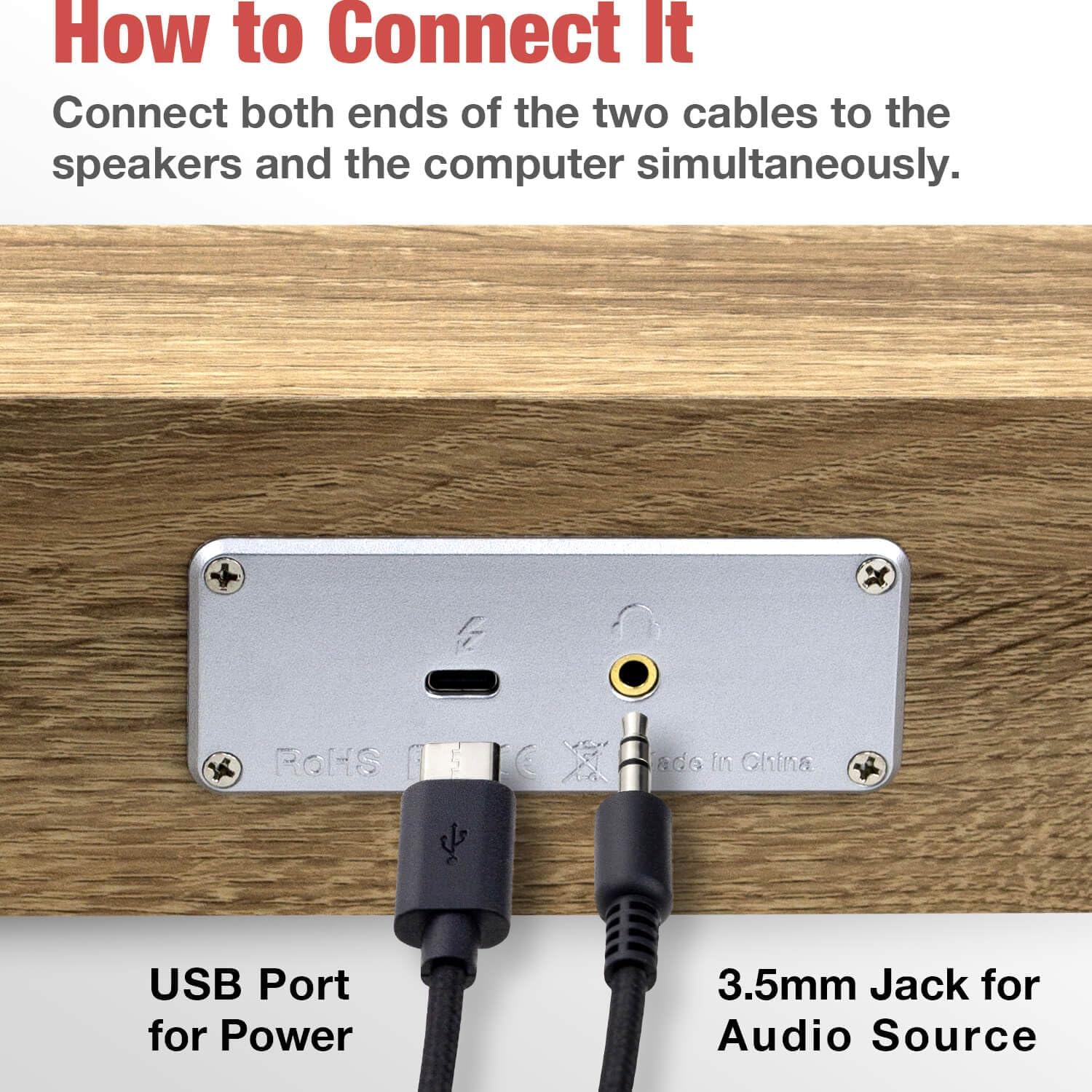MICA Computer Speakers, Wired Computer Sound Bar, Wooden Mini Soundbar, USB Powered PC Speakers 3.5mm AUX & PC Input (Yellow)