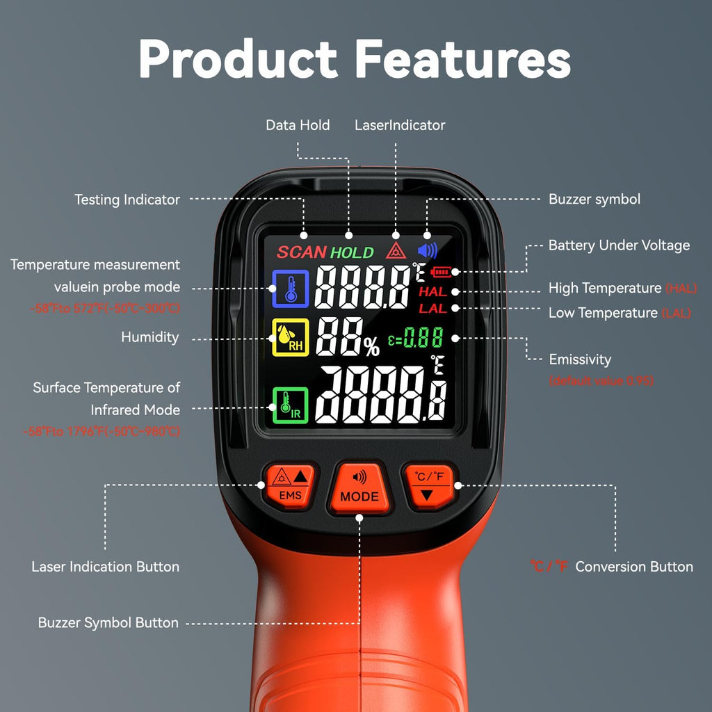 Infrared Temperature Gun -58°F to 1796°F, Dual-Mode Thermometer Gun with K-Type Thermocouple(-58°F to 572°F), Laser Temp Guns for Reptiles, Cooking, Griddle, Oven, 16:1 Home Handheld Thermometer
