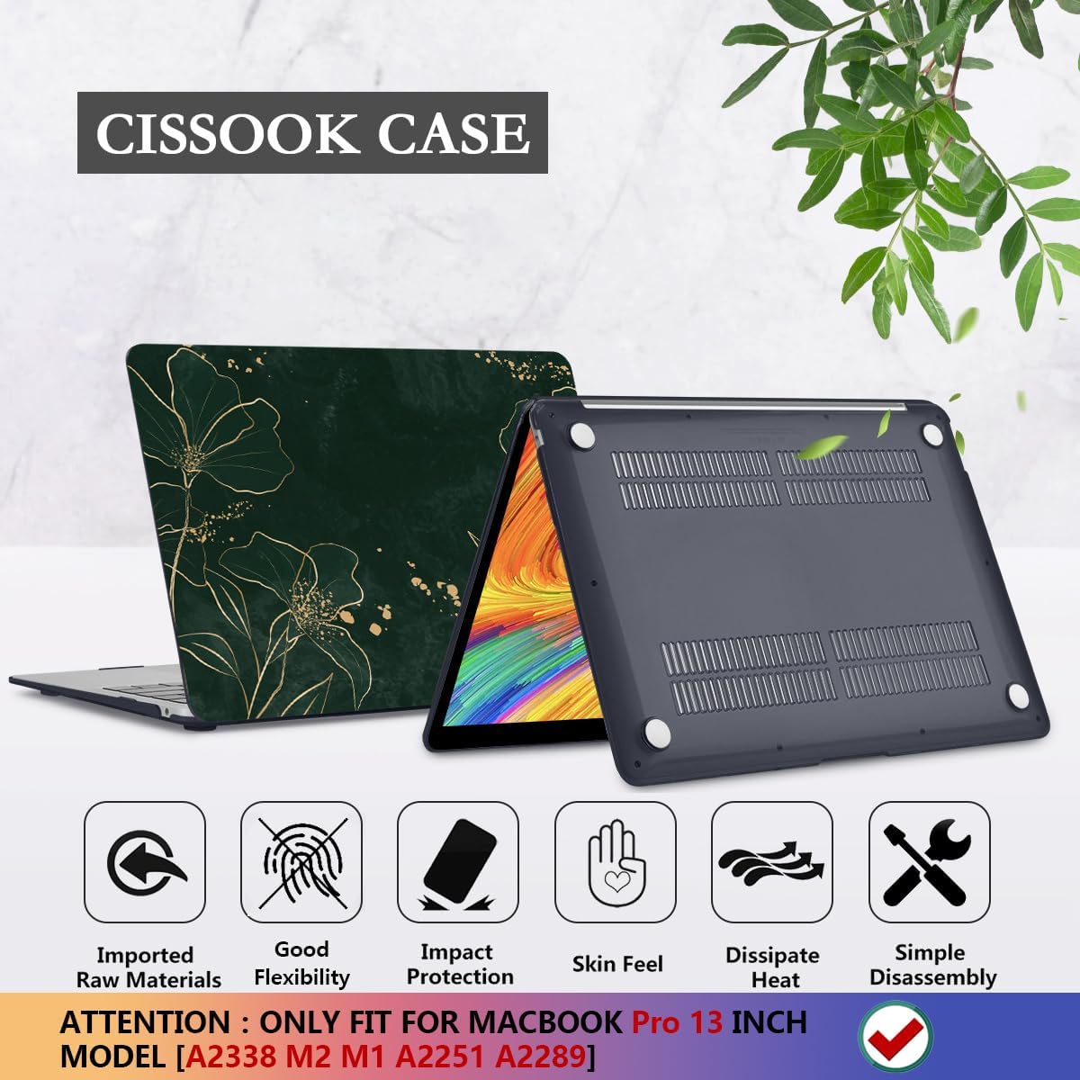 CISSOOK Case for MacBook Pro 13 Inch M2 M1 Chip A2338 A2251 A2289 Model 2025-2020, Hard Shell Case+ Keyboard Cover+ Screen Protector for MacBook Pro 13 with Touch Bar, Elegant Gold Lotus
