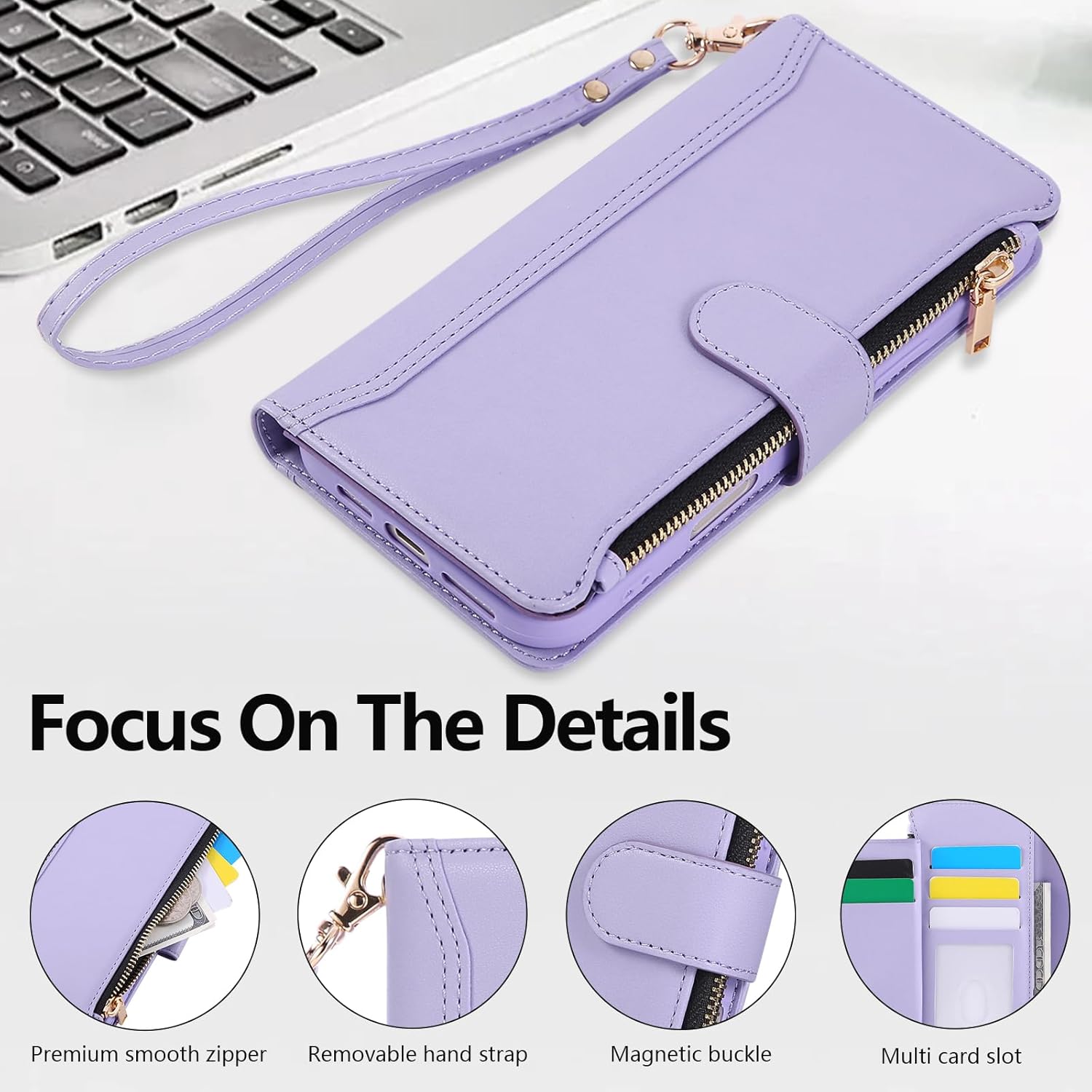Compatible with iPhone 14 Pro Max Wallet Phone Case-PU Leather Magnetic Flip Cover with Credit Card Slots,Zipper Pocket & Detachable Wrist Strap,Shockproof Design,for Women and Men-Purple
