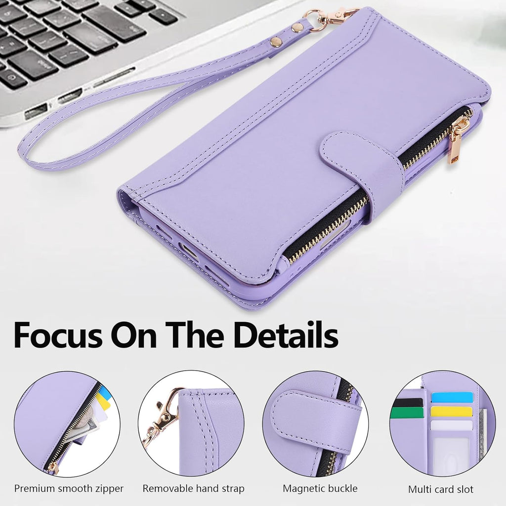 Compatible with iPhone 16 Pro Wallet Phone Case-PU Leather Magnetic Flip Cover with Credit Card Slots,Zipper Pocket & Detachable Wrist Strap,Shockproof Design,for Women and Men-Purple